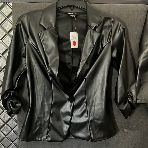 Ruched Sleeve, Button Front Faux Leather Blazer & Ruched Front Faux Leathr Skirt - Picture 3 of 4